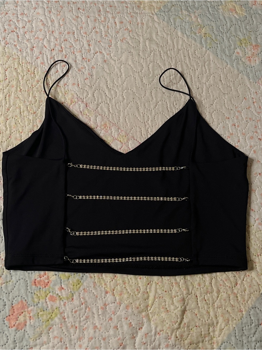 Women’s Black Spaghetti Strap Crop Tank with Open Back & Sparkly Chains